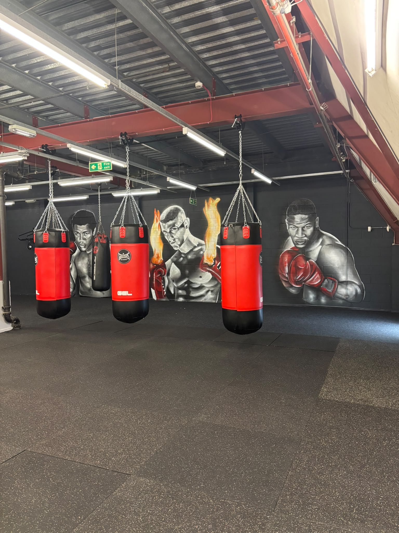 Heavy bags in front of the academy's champion mural